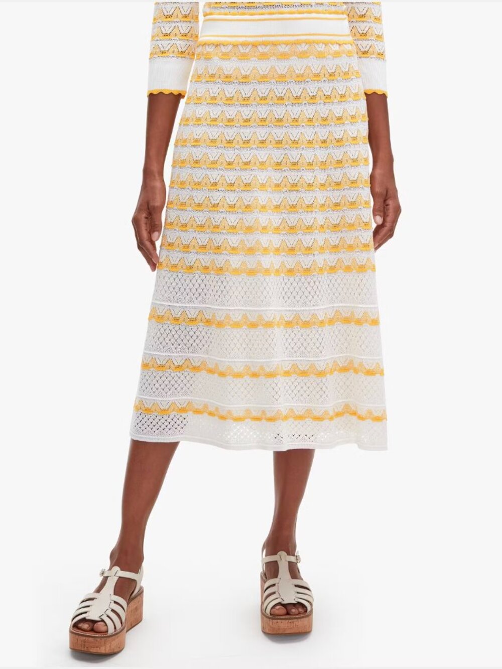 Kate Spade New York Striped Pointelle Knit Midi Skirt | Size XS | Yellow & White